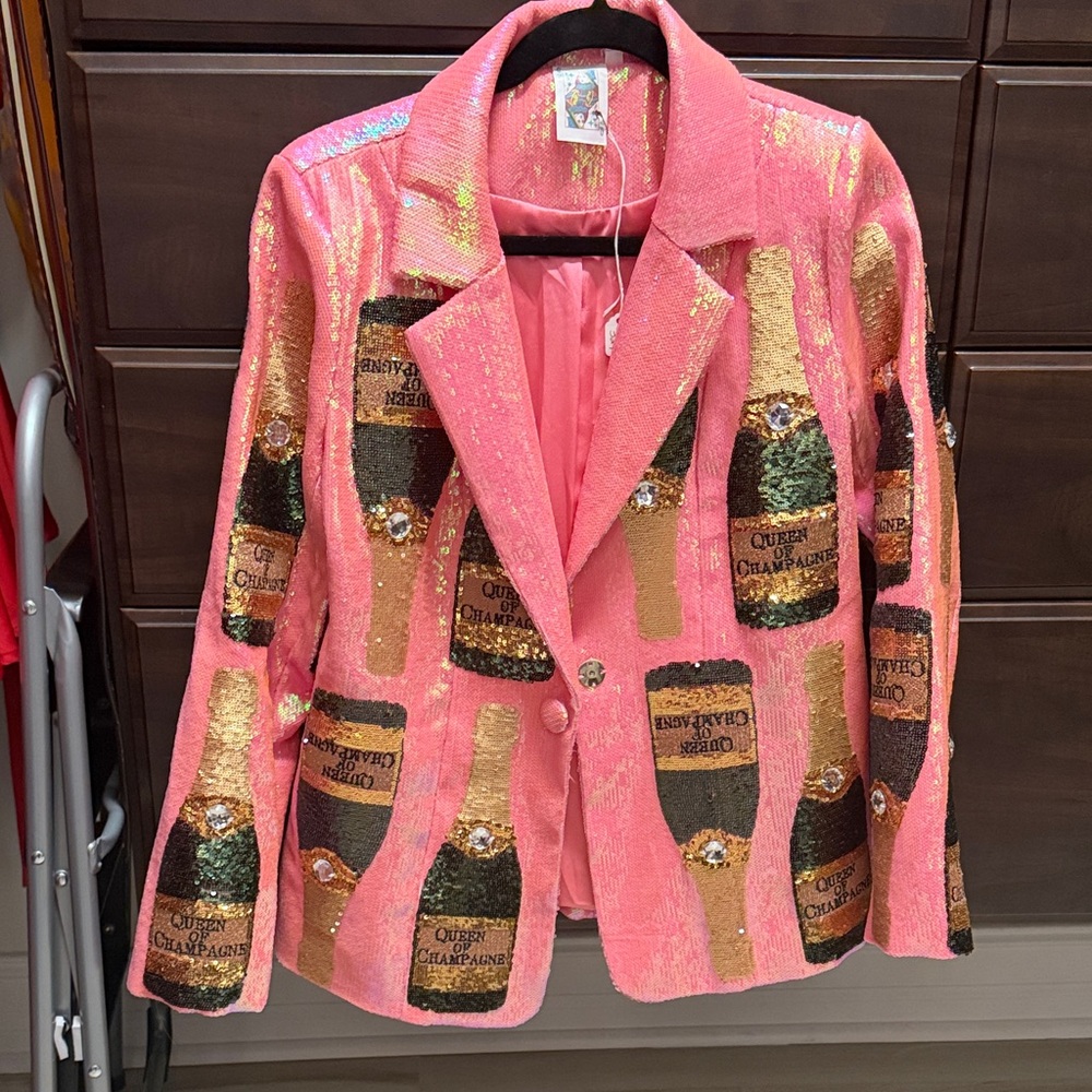 QUEEN OF SPARKLES Pink Sequin Blazer with Champagne Design